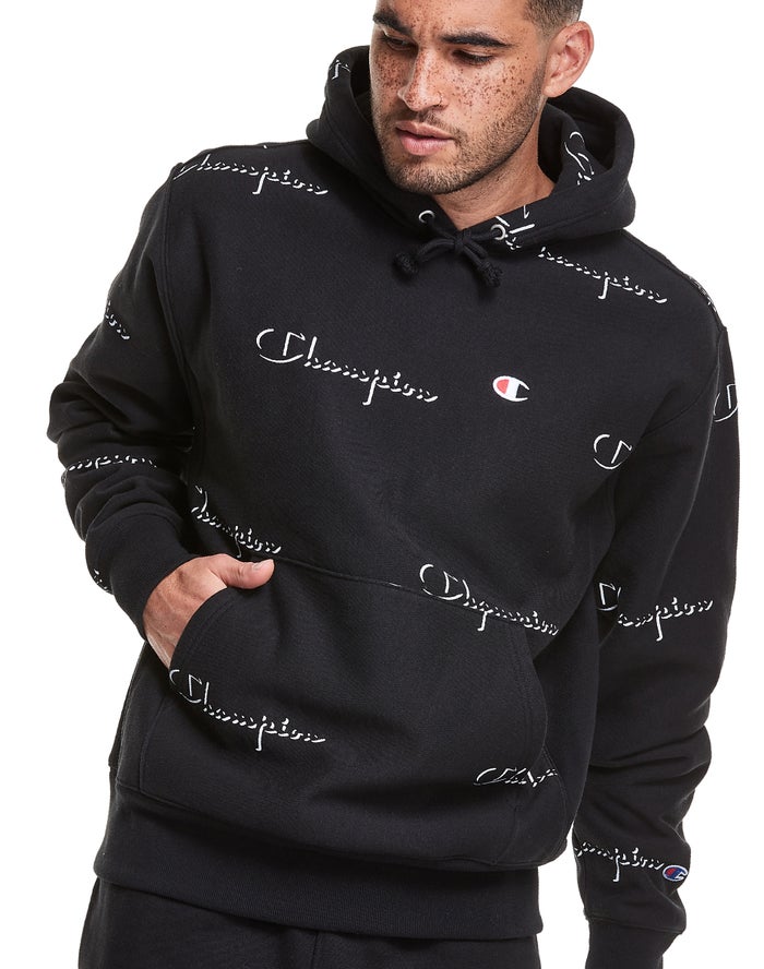 Champion Hoodie Heren - Zwart - Reverse Weave All Over Print ( 831076-SLB )